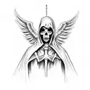 grim reaper with hood up and can't see face with hand on shoulder of angel standing in front of them tattoo design idea