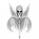 grim reaper with hood up and can't see face with hand on shoulder of angel standing in front of them tattoo design idea