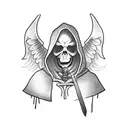 grim reaper with hood up and can't see face with hand on shoulder of angel standing in front of them tattoo design idea