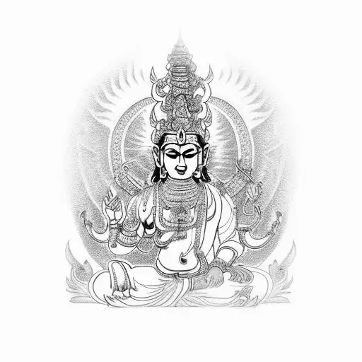 Balinese Barong & Rangda full sleeve in realism style and Statue of Hindu God Indra Bringing Holy Water at Tirta Empul tattoo design idea