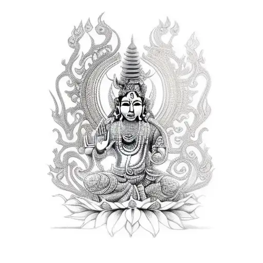 Balinese Barong & Rangda full sleeve in realism style and Statue of Hindu God Indra Bringing Holy Water at Tirta Empul tattoo design idea
