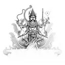 Balinese Barong & Rangda full sleeve in realism style and Statue of Hindu God Indra Bringing Holy Water at Tirta Empul tattoo design idea