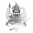 Balinese Barong & Rangda full sleeve in realism style and Statue of Hindu God Indra Bringing Holy Water at Tirta Empul tattoo design idea