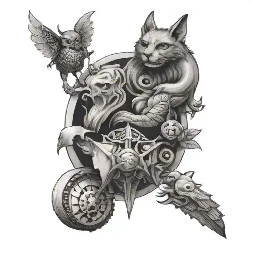 A tattoo featuring a collection of the client's favorite objects transformed into mythical creatures, creating a unique and personal design tattoo design idea