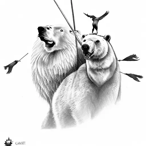 A Canadian goose wearing a galea while holding a spear riding a polar bear and the polar bear wearing a saddle  tattoo design idea
