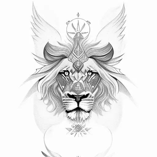 lion face one eye red and another eye blue and angle with wings and confident symbol tattoo design idea