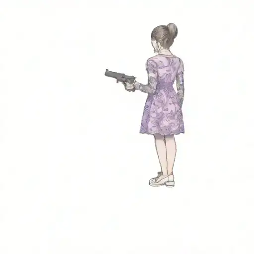 a girl in a purple dress drawn as Anekke and holding a smoking gun behind her back tattoo design idea