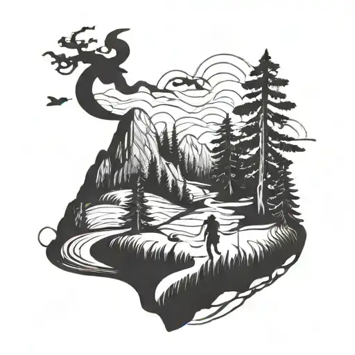 A blackwork tattoo of a trail winding through a forest with a backpacker in the distance tattoo design idea