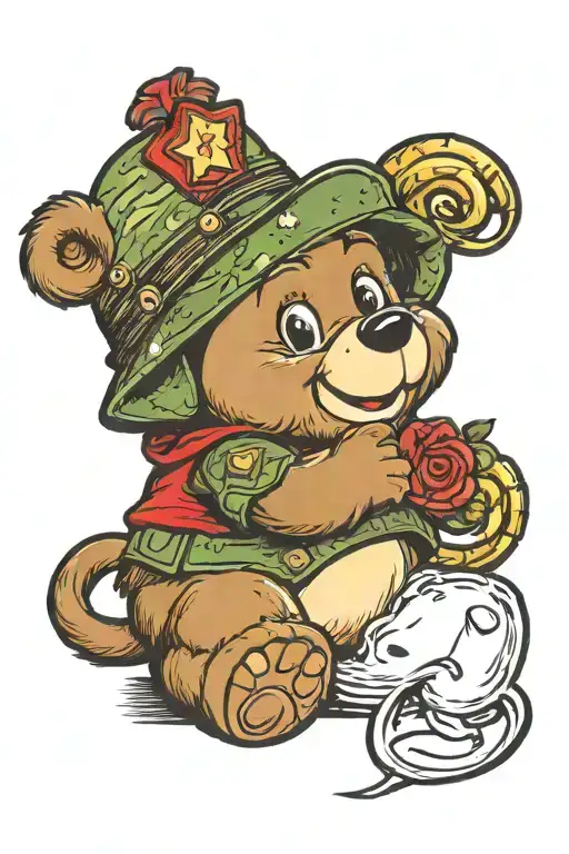 grumpy care bear, military, band aid smiling face tattoo design idea
