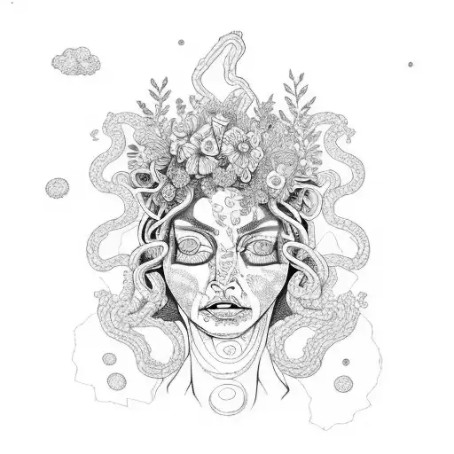 medusa crying and wild flowers tattoo design idea