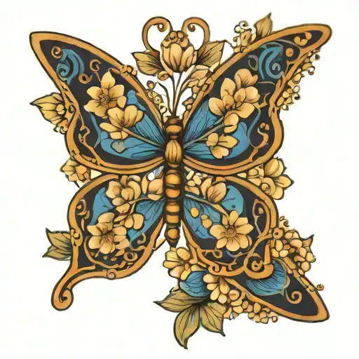 Blue butterfly almond flowers mandala style tattoo design idea