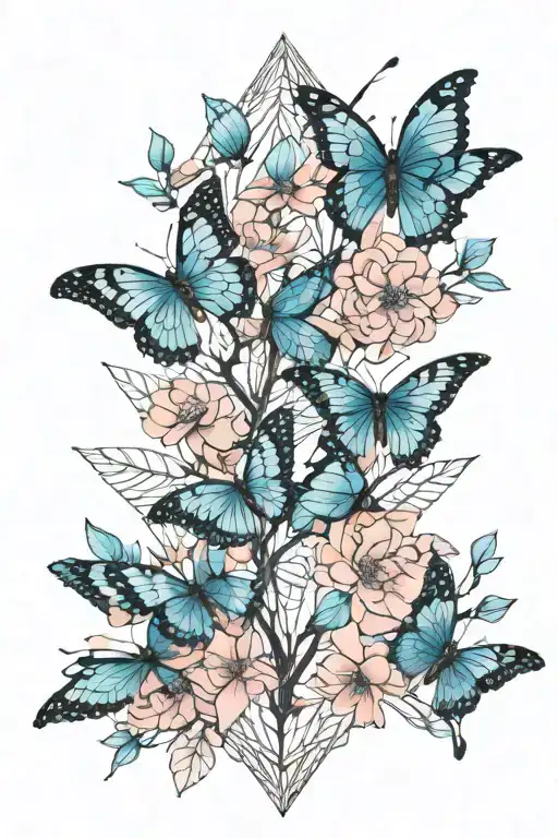 Out of pink almond tree and blue butterfly tattoo design idea