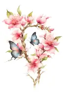 Out of pink almond tree and blue butterfly tattoo design idea