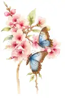 Out of pink almond tree and blue butterfly tattoo design idea