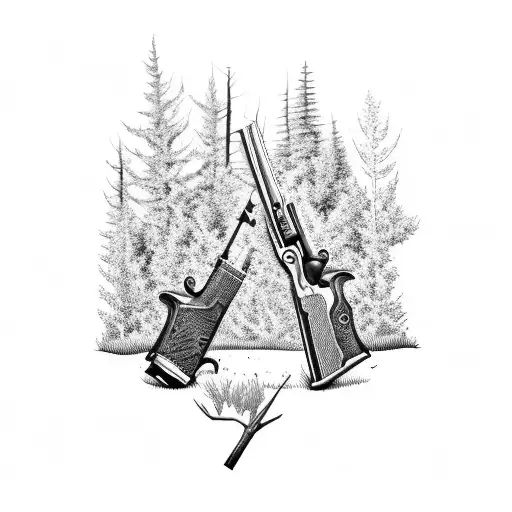 A detailed blackwork tattoo of a hunting rifle hidden within a forest scene tattoo design idea