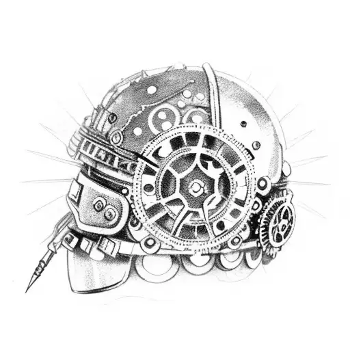 A steampunk-inspired army helmet with gears and technology motifs tattoo design idea