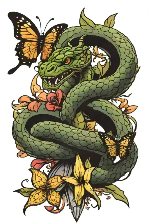 snake wrapped around a sword with butterflies and Lily's  tattoo design idea