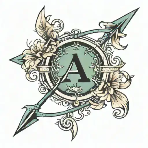 Sagittarius arrow and bow with the letter 'A' integrated seamlessly.  tattoo design idea