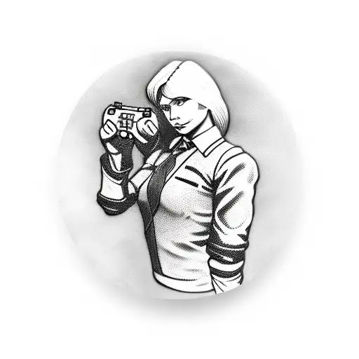 A realistic portrait of a shop worker in Skyrim, wearing their work attire and holding a video game controller tattoo design idea