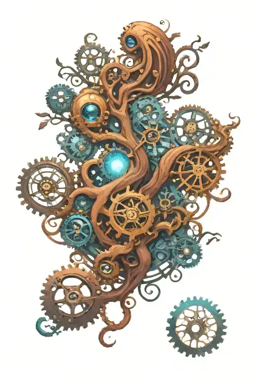tree of life, octopus, gears, galaxy, cold color, steampunk, evil eye tattoo design idea