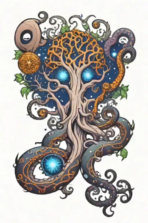 tree of life, octopus, galaxy, cold color, evil eye tattoo design idea