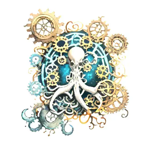 tree of life, octopus, gears, galaxy, cold color tattoo design idea