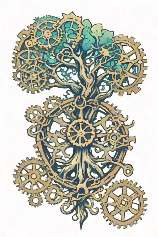 tree of life, octopus, gears, galaxy, cold color, steampunk tattoo design idea