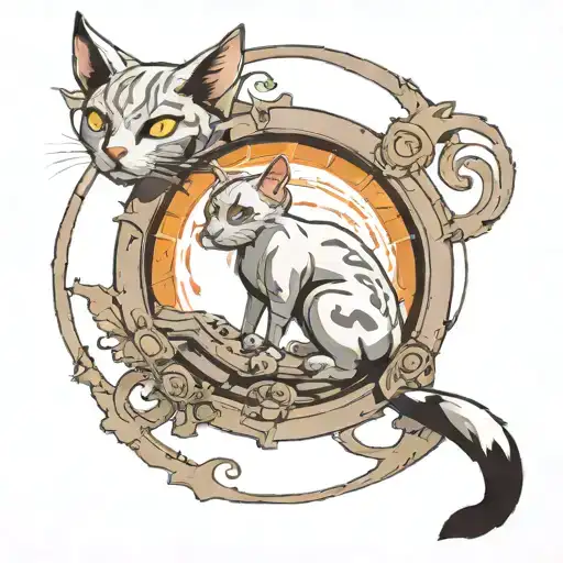 a cat is travelling through a portal which is from the video game portal  tattoo design idea