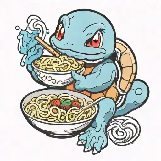 A tattoo of a squirtle squad eating ramen noodles  tattoo design idea