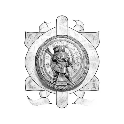 A Roman soldier holding a shield with a snake motif, representing resilience and power tattoo design idea