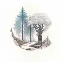 alder tree across a cave entrance with a bear and fox tattoo design idea