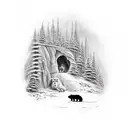 alder tree across a cave entrance with a bear and fox tattoo design idea