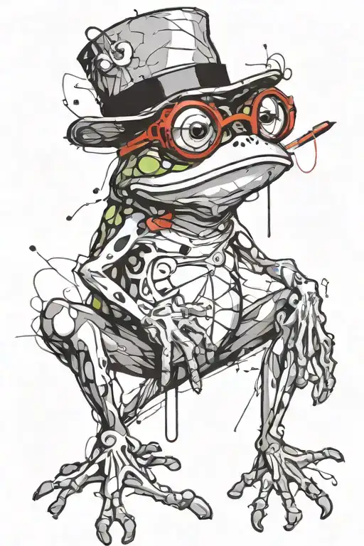 contour drawing tattoo sketch, cartoon frog in glasses and hat  tattoo design idea