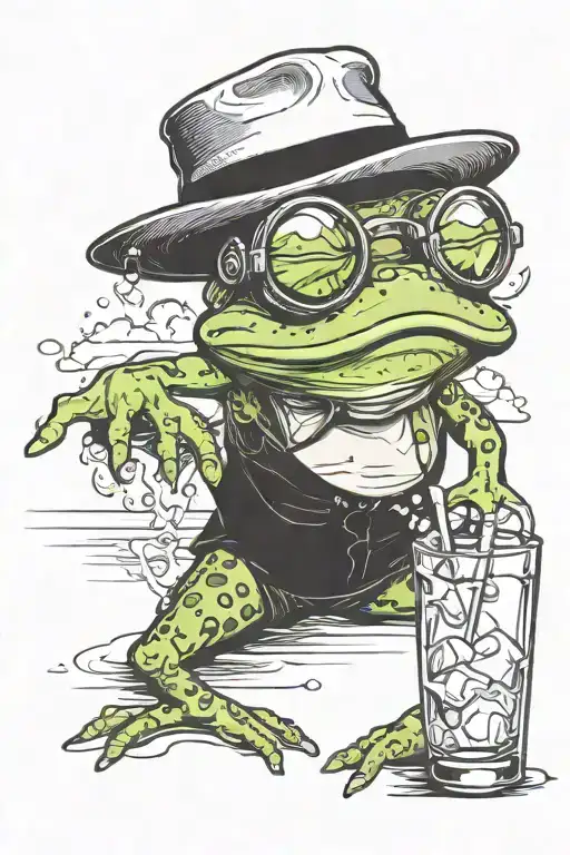 Sketch of a contour drawing tattoo, a cartoon frog in glasses and a hat sunbathing on the beach drinks an iced cocktail  tattoo design idea