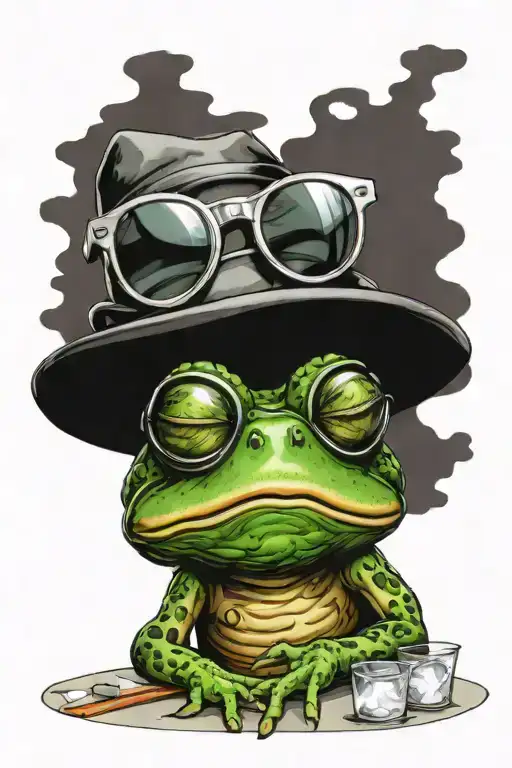 Sketch of a contour drawing tattoo, a cartoon frog in glasses and a hat sunbathing on the beach drinks an iced cocktail  tattoo design idea