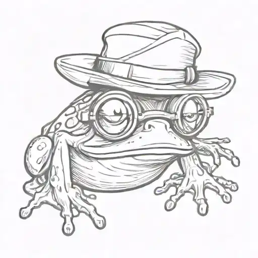 contour drawing tattoo sketch, cartoon frog in glasses and hat tattoo design idea