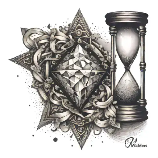 A dotwork tattoo of a sparkling diamond with hourglass sand flowing around it tattoo design idea
