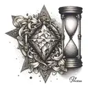 A dotwork tattoo of a sparkling diamond with hourglass sand flowing around it tattoo design idea
