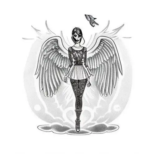 romanian style, a woman standing with wings and her hands are im chains tattoo design idea