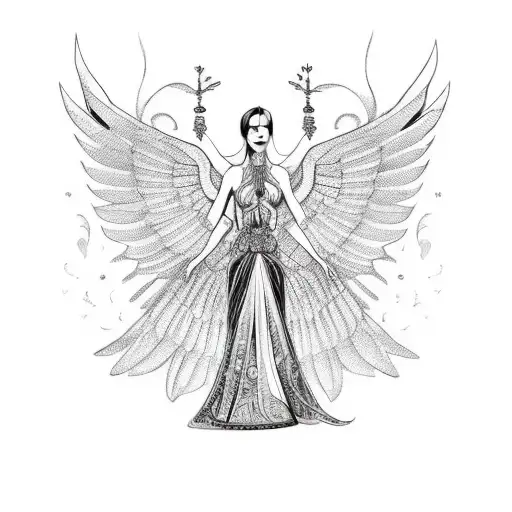 romanian style, a woman standing with wings and her hands are im chains tattoo design idea