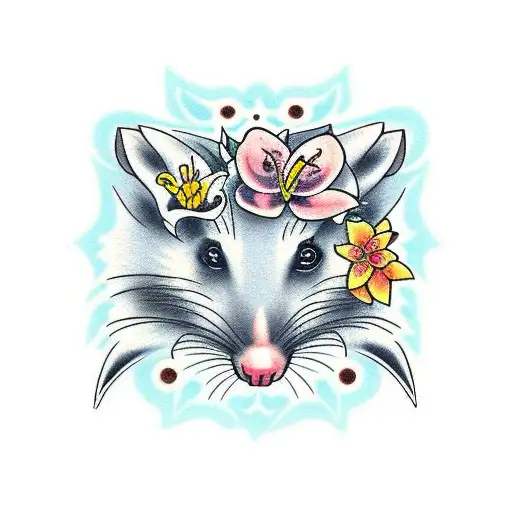 opossum with lily flowers tattoo design idea