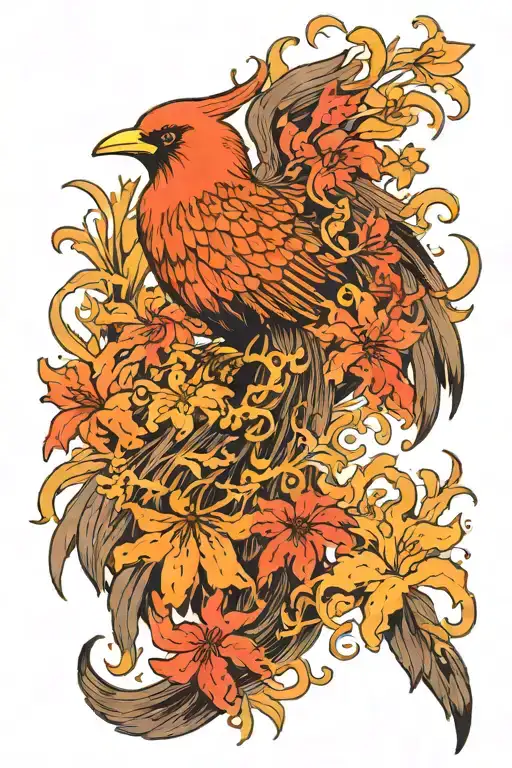 Firebird with a long tail surrounded by red spider lilies on fire tattoo design idea