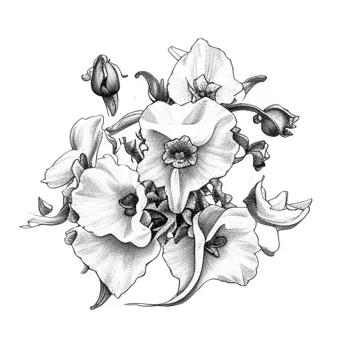 flowes, violet, daffodil,morning glory, larkspur,sweet pea,poppy tattoo design idea