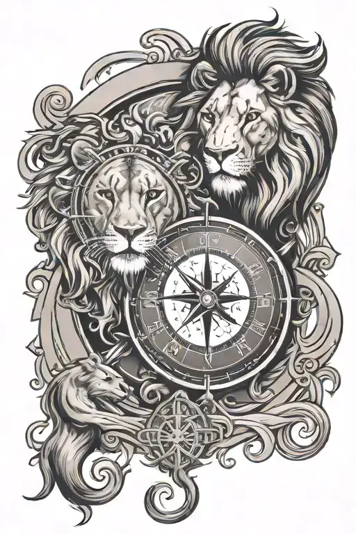 A lion and lioness intertwined in a yin-yang symbol, with a compass and hourglass in the background tattoo design idea