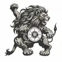 A lion roaring triumphantly while holding a compass in its paw, symbolizing courage and direction tattoo design idea
