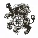A lion roaring triumphantly while holding a compass in its paw, symbolizing courage and direction tattoo design idea