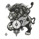 A lion roaring triumphantly while holding a compass in its paw, symbolizing courage and direction tattoo design idea