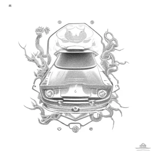A detailed engine of a Japanese car with playing card symbols incorporated into the design tattoo design idea