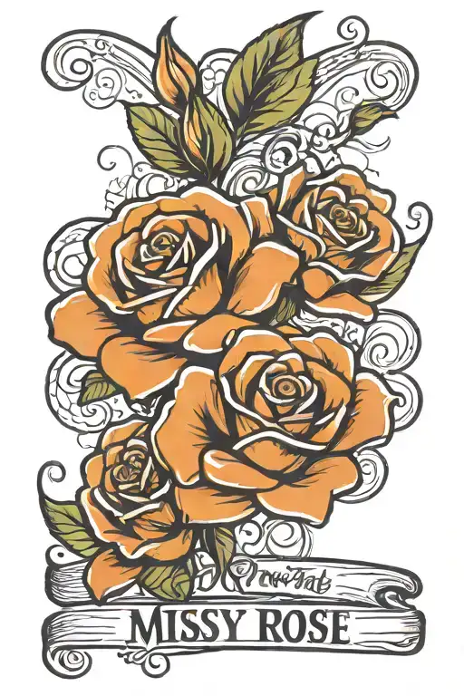 forearm tattoo of 3 roses spread out and the name "MISSY ROSE" WRITTEN IN CURSIVE  tattoo design idea