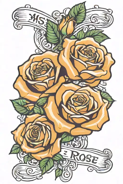 forearm tattoo of 3 roses spread out and the name "MISSY ROSE" WRITTEN IN CURSIVE  tattoo design idea